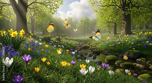 Vibrant spring garden with blooming flowers and butterflies.