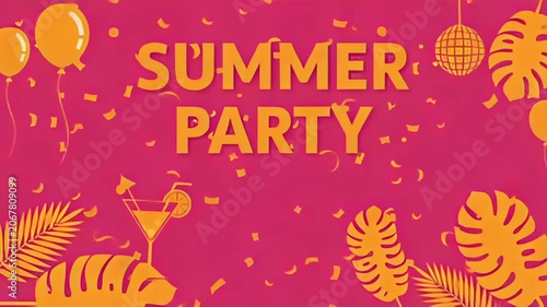 Bright pink and yellow summer party background with tropical leaves, balloons, confetti and cocktail glass, animated celebration banner for festive events and invites