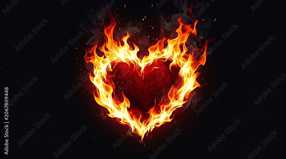 Fototapeta premium Heart Shape Burning with Flames on Black Background