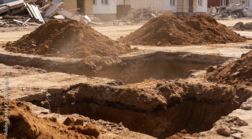 Pile or accumulation of soil to build a house. mounds of land leveled to build houses. a pile of dirt from the eviction of a relocated house. 