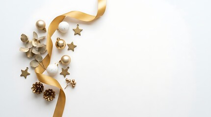 Elegant Christmas festive background with gold ribbon stars ornaments and copy space for holiday greeting card design
