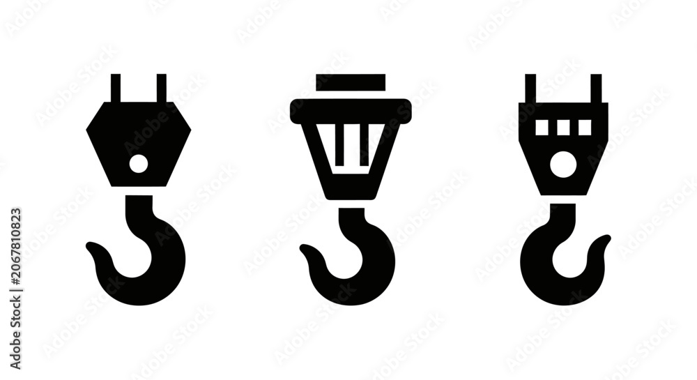 Obraz premium Set of Black Industrial Crane Hooks Icons in Vector Format