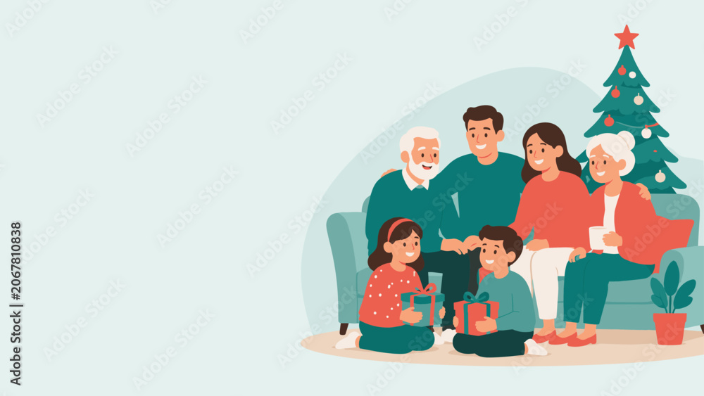 Fototapeta premium Three generation family with gifts beside decorated Christmas tree