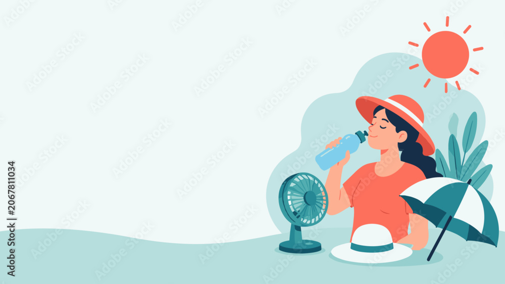Obraz premium Woman drinking water under sun with fan and summer accessories