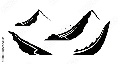 Vector illustration of a black avalanche icon on a white background, symbolizing danger and winter hazards.