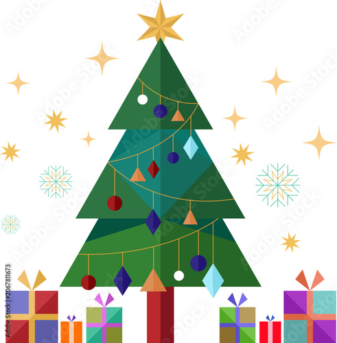 Flat design abstract geometric Christmas tree decorated with ornaments and presents under sparkling stars for winter holiday celebration banner