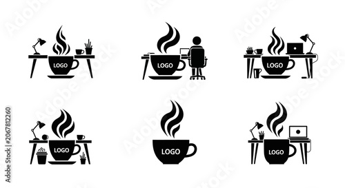 Workstation Coffee Break: Icons of Desk Lamp, Laptop, Coffee Mug with Steam, and Plant