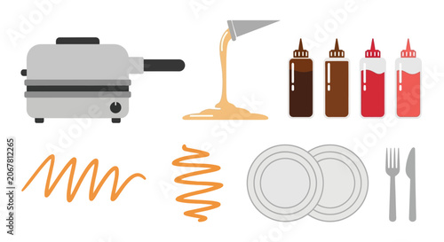 Whimsical Pancake Making Scene: Batter Pouring, Sauces, Plates, and Cutlery - Breakfast Set Illustration