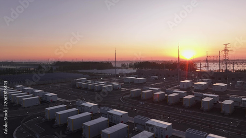 Panoramic view of energy storage power station at sunrise