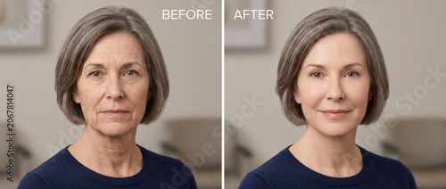 A young woman, Facelift transformation article with clear before-and-after images, focusing on long-term improvements in facial wrinkles.