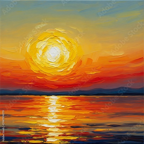 Vibrant swirling sunset over calm ocean waves.