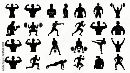 Tableau sur toile Black silhouettes of people exercising with dumbbells and weights