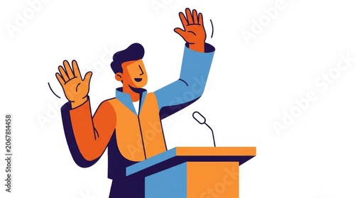 Charismatic speaker gesturing at podium in vibrant colors for presentation or public speaking concept on white background
