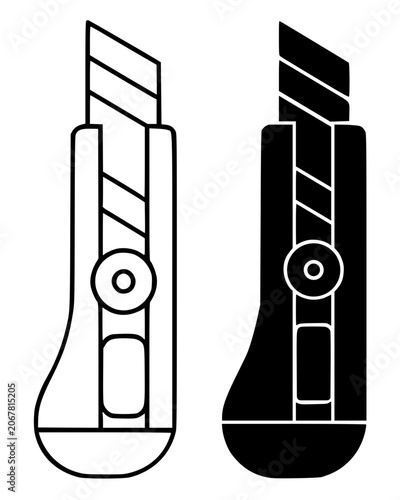 Photos Utility knife minimalist icon, black and white in outline and silhouette design