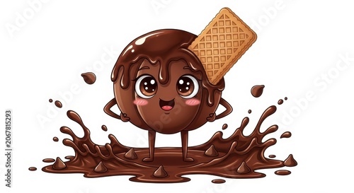 Cute Cartoon Chocolate Character with Biscuit and Splash Illustration