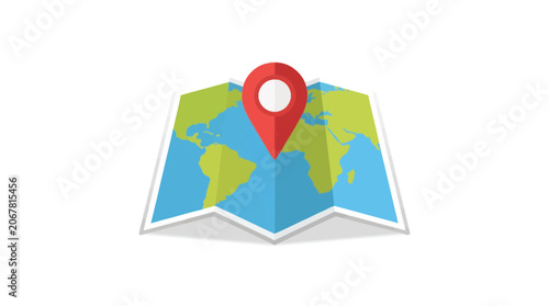 Folded World Map Vector Illustration with Red Location Pin Pointer