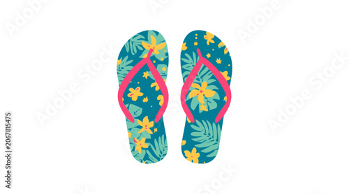 Tropical Floral Pattern Flip Flops Sandals Vector Illustration Beach Wear