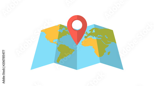 Folded World Map Vector Illustration with Red Location Pin Pointer