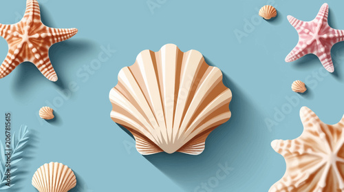 Minimalist Sea Shell on Soft Blue Background Vector Illustration