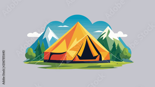 Camping Tent in Nature with Mountains and Clouds Vector Illustration