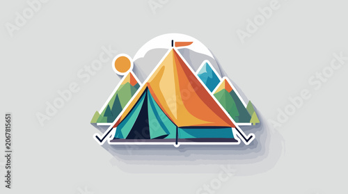 Camping Tent Sticker Design with Mountain Trees and Sun Element