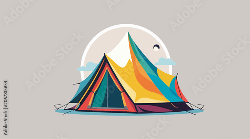 Artistic Geometric Camping Tent in Nature with Full Moon Background