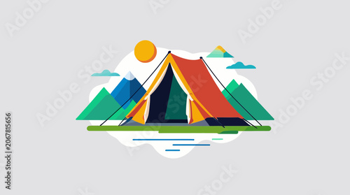Scenic Camping Tent Vector Illustration with Sunny Mountain Landscape