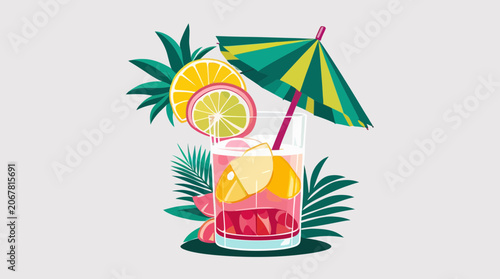 Refreshing Pink Summer Mocktail with Green Umbrella and Lime