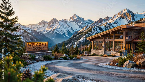 Welcome 2028 mountain resort entrance with scenic alpine landscape and luxury lodge architecture