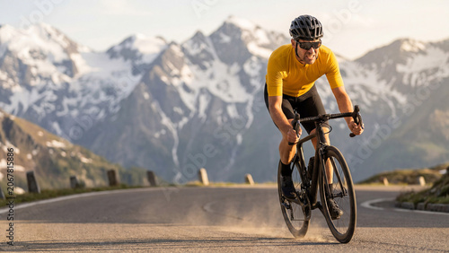 Cycling race yellow jersey cyclist riding mountain road Alps peaks summer sport competition focused determination scene for poster design background banner template
