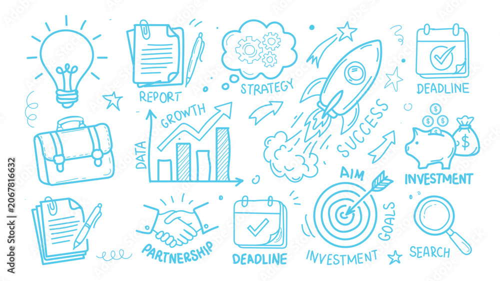 Fototapeta premium Business strategy icons and symbols in doodle style
