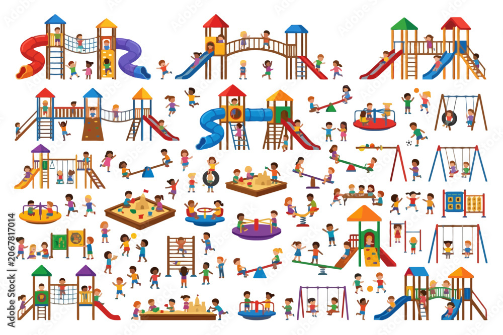 Fototapeta premium Children Playing on Playground Equipment Vector Collection