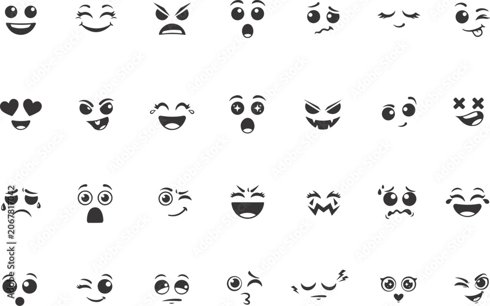 Obraz premium Cute and Funny Vector Face Expression Icons Set. Cartoon Emoji Facial Expressions Collection. Happy, Sad, Angry, Laughing, Crying, Winking, Love, Scared, Cute Character Face Elements