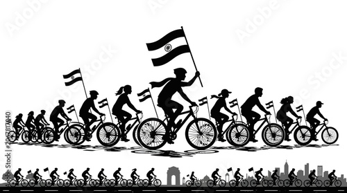 A silhouette illustration of a group of cyclists riding bicycles while carrying Indian flags.