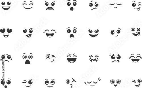 Cute and Funny Vector Face Expression Icons Set. Cartoon Emoji Facial Expressions Collection. Happy, Sad, Angry, Laughing, Crying, Winking, Love, Scared, Cute Character Face Elements
