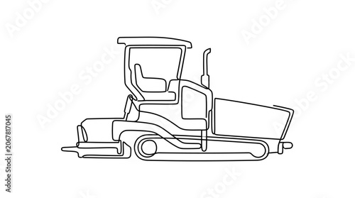 A continuous line drawing of a heavy construction road roller vehicle.