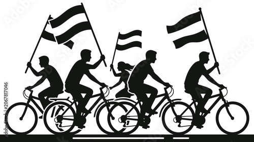 A group of people riding bicycles while holding flags in a silhouette illustration.