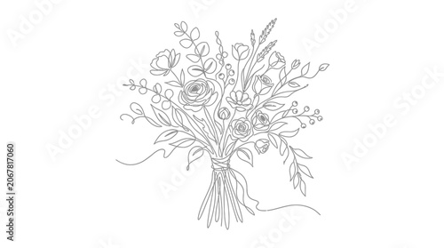 A continuous line drawing of a beautiful floral bouquet with roses and greenery.
