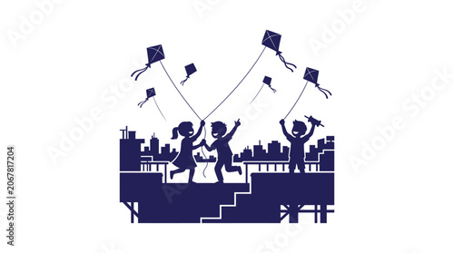 Silhouetted children playing with kites on a rooftop terrace.