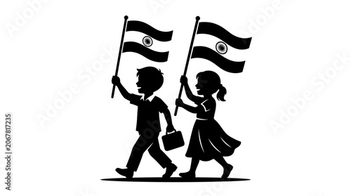Silhouette of a young boy and girl walking together while holding Indian flags.