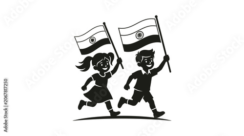 A black and white illustration of a young boy and girl running while holding Indian flags.
