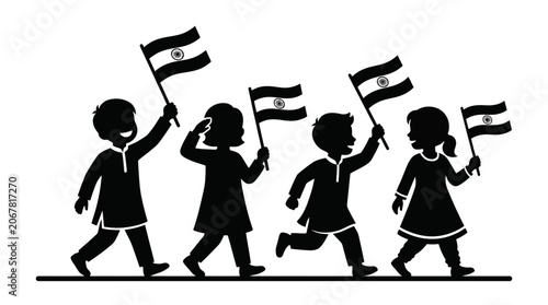 Silhouette illustration of four happy children marching and waving Indian flags.