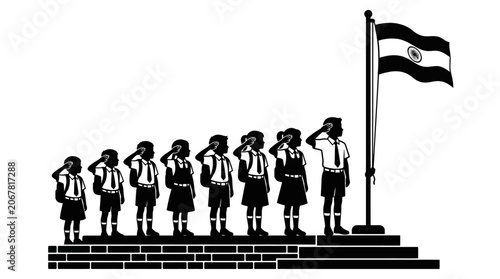 A line of school children saluting the national flag in a patriotic ceremony.