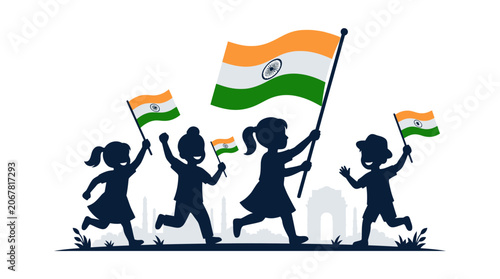 Silhouettes of happy children running and waving the Indian national flag.