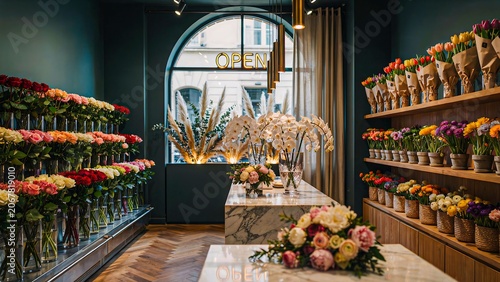 Elegant flower shop interior with colorful floral arrangements and decorative displays in modern retail store