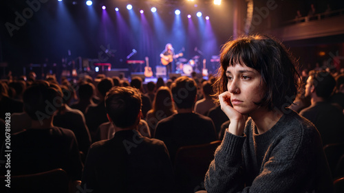 Conceptual portrait of urban loneliness: A young woman feeling bored, unhappy, and disconnected at a crowded live concert hall.