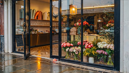 Elegant flower shop storefront with colorful floral displays and modern glass entrance on rainy city street