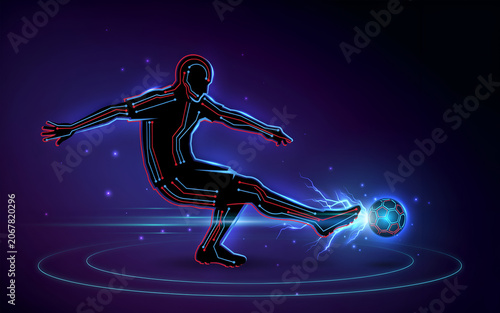 Digital athlete kicking a glowing soccer ball with electric energy and light trails on a purple gradient