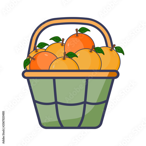 Basket of fresh oranges and tangerines with green leaves.