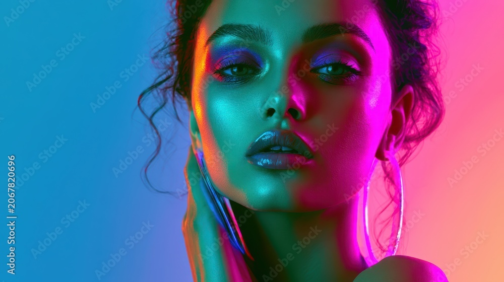 Obraz premium Glamorous woman with vibrant neon lighting and dramatic makeup